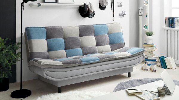 Schlafsofa PATCH Stoff silber dunkelgrau denim mit Bettkasten