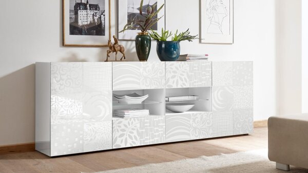 Sideboard MIROS 8 in weiß lackiert Front mit Siebdruck 241 cm