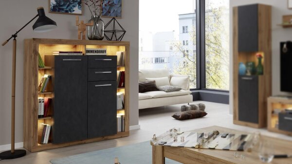 Highboard ROCK Sideboard Anrichte Schrank Wotan Eiche und dunkelgrau