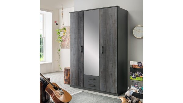 Kleiderschrank DUISBURG graphit Stahloptik Spiegel 135 cm