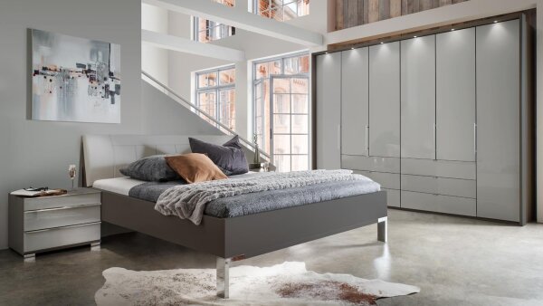 Schlafzimmer LOFT Schrank Bett Nachtkommode mit grau Glas