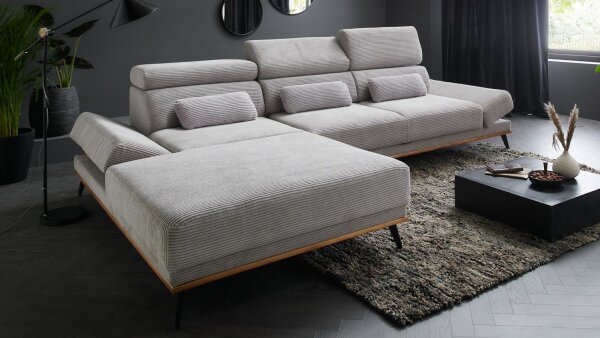 Ecksofa Arrow Cord grau mit elektr. Sitztiefenverstellung