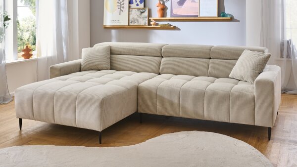 Ecksofa SIMPLE Cord beige elektrische Sitztiefenverstellung