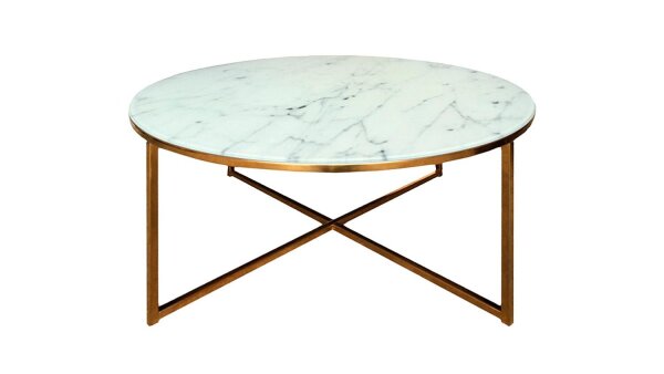 Couchtisch ALISMA Tisch in Glas weiß Marmoroptik und Gold Chrom 80 cm