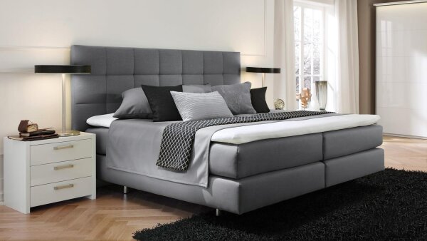 Boxspringbett COUTURE Stoff silber mit Kopfteil Topper 180x200 Femira