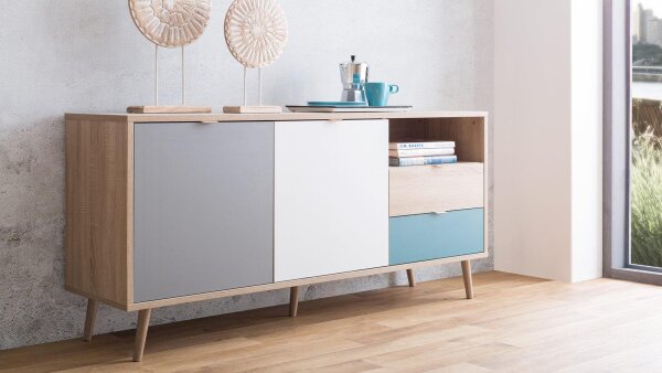 Sideboard CUBA Kommode Anrichte Sonoma Eiche weiß grau petrol 150x68