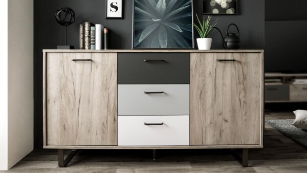 Sideboard ORLANDO Grey Craft Oak Farbmix Metall schwarz