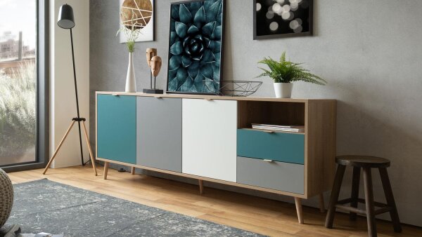 Kommode CUBA Sonoma Eiche weiß grau petrol Sideboard