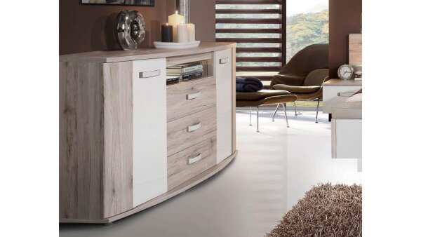 Sideboard RONDINO in Sandeiche und weiß Hochglanz mit LED-Beleuchtung