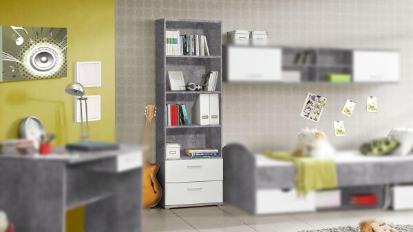 Regal LUPO Bücherregal Schrank Jugendzimmer in Beton grau und weiß