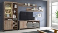 Vitrine NOTE Wohnzimmerschrank Schrank in Picea Kiefer und Beton grau