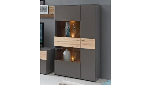 Highboard COMO Wolfram grau Planked Eiche mit Beleuchtung