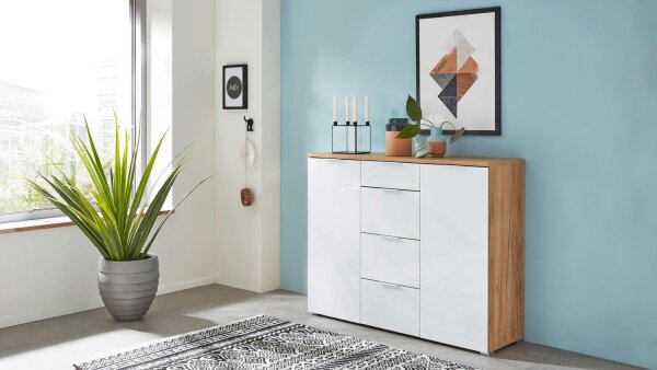 Sideboard 3982 TELDE Kommode weiß Glas und Navarra Eiche