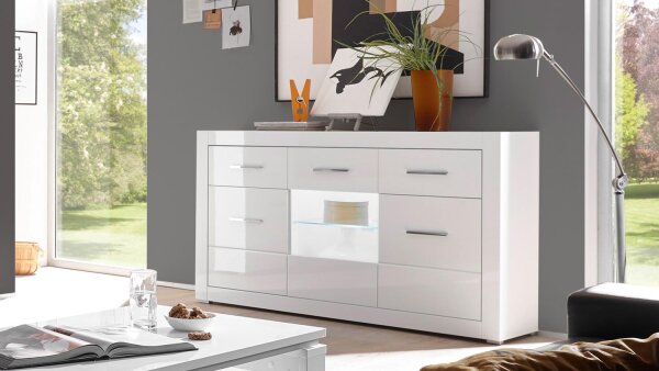 Sideboard BIANCO Anrichte Kommode Schrank in weiß Hochglanz mit Glas