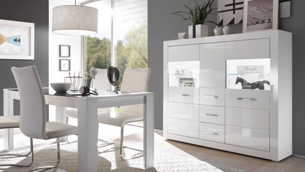 Highboard BIANCO Vitrine Buffet Schrank in weiß Hochglanz mit Glas