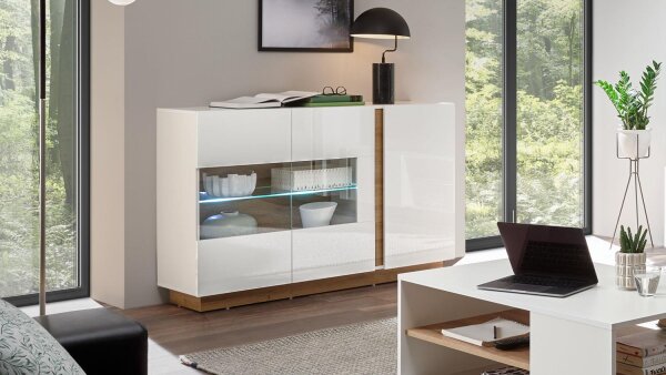 Sideboard 51 CLAIR Kommode weiß Glanz und Eiche 138x91