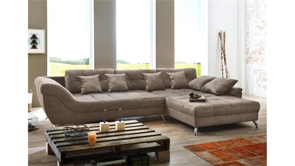 Ecksofa SANTA CRUZ Nubukoptik grau hellbraun inkl. Kissen