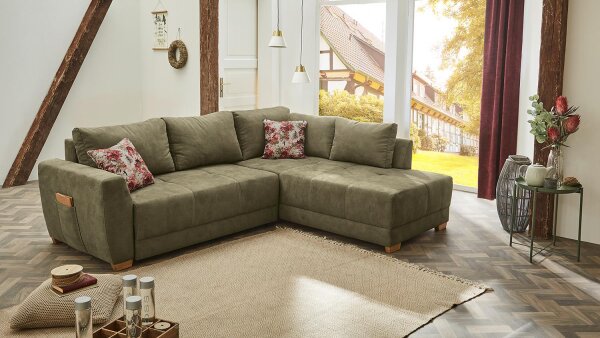 Ecksofa LUZERN in Stoff Vintage olivgrün Schlaffunktion