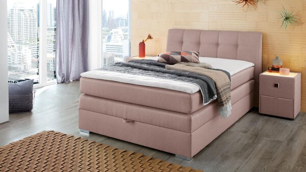 Boxspringbett AMELIE 140x200 Stoff rosa mit Bettkasten Topper