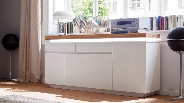 Sideboard 2 ROMINA weiß matt Lack Eiche massiv inkl. LED