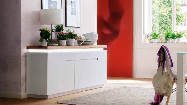 Sideboard 3 ROMINA Weiß matt Lack Eiche massiv inkl. LED