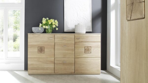 Sideboard BOLOGNA Eiche Bianco Teilmassiv mit Hirnholz Applikation