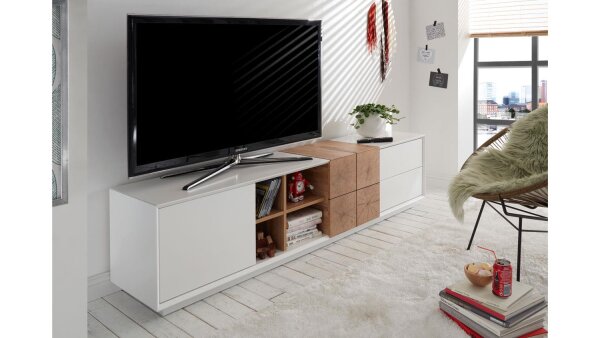 TV-Board MONTARI Lowboard weiß matt Lack Eiche Hirnholz