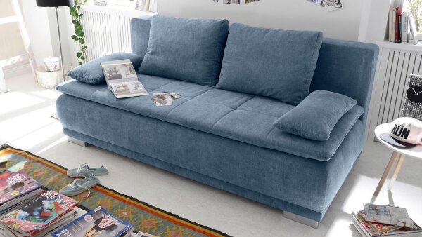 Schlafsofa LUIGI Dauerschläfer Stoff denim blau Federkern inkl. Topper